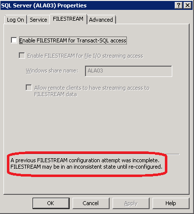 SQL 2008 SP2 FILESTREAM Problem
